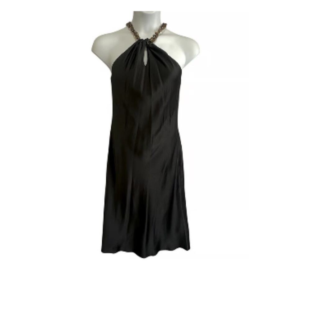 JASON WU Black Satin Halter Dress Tortoise‎ Chain Strap Midi Slip Dress